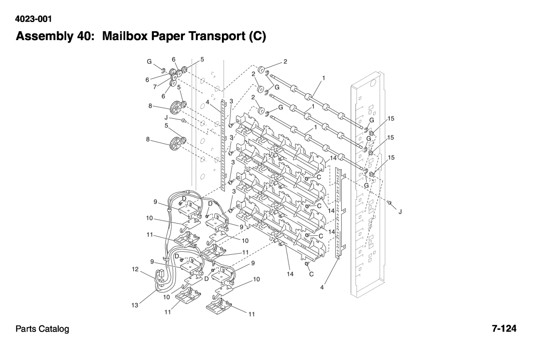 Lexmark W810 service manual Assembly 40: Mailbox Paper Transport C, 7-124, 4023-001, Parts Catalog 