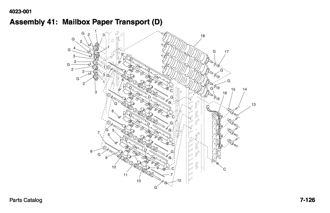 Lexmark W810 service manual Assembly 41: Mailbox Paper Transport D, 7-126, 4023-001, Parts Catalog 