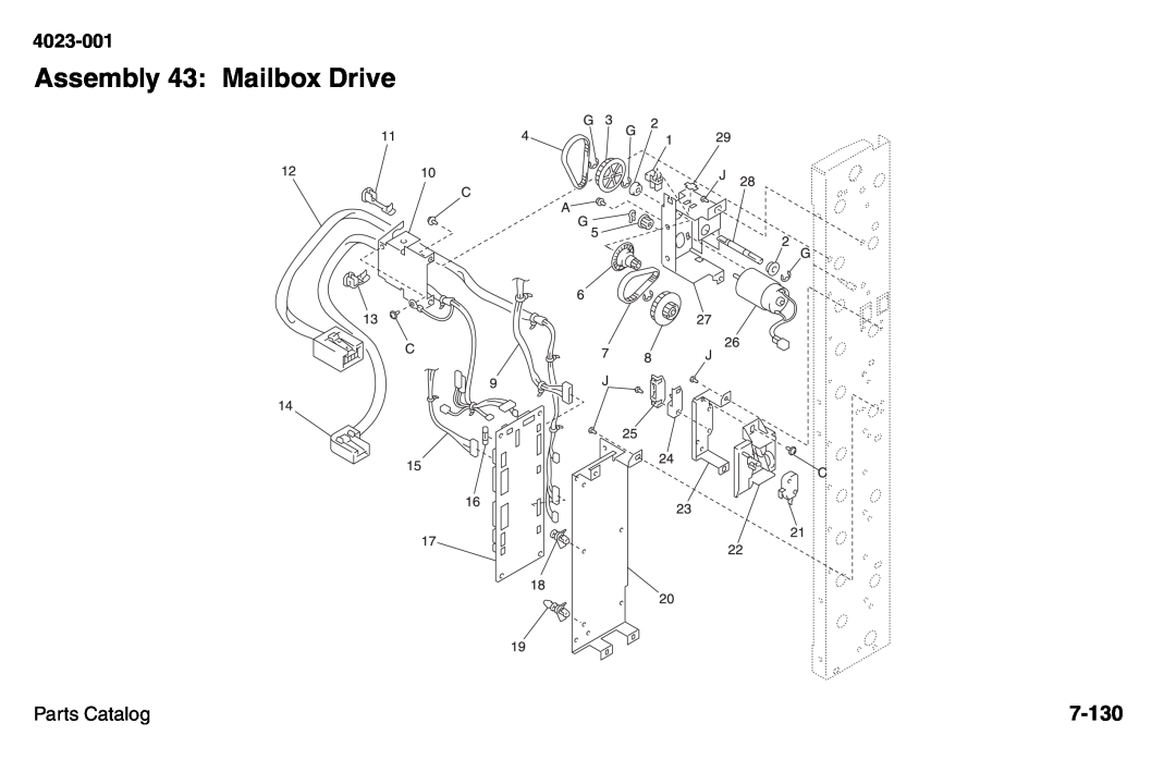 Lexmark W810 service manual Assembly 43: Mailbox Drive, 7-130, 4023-001, Parts Catalog 