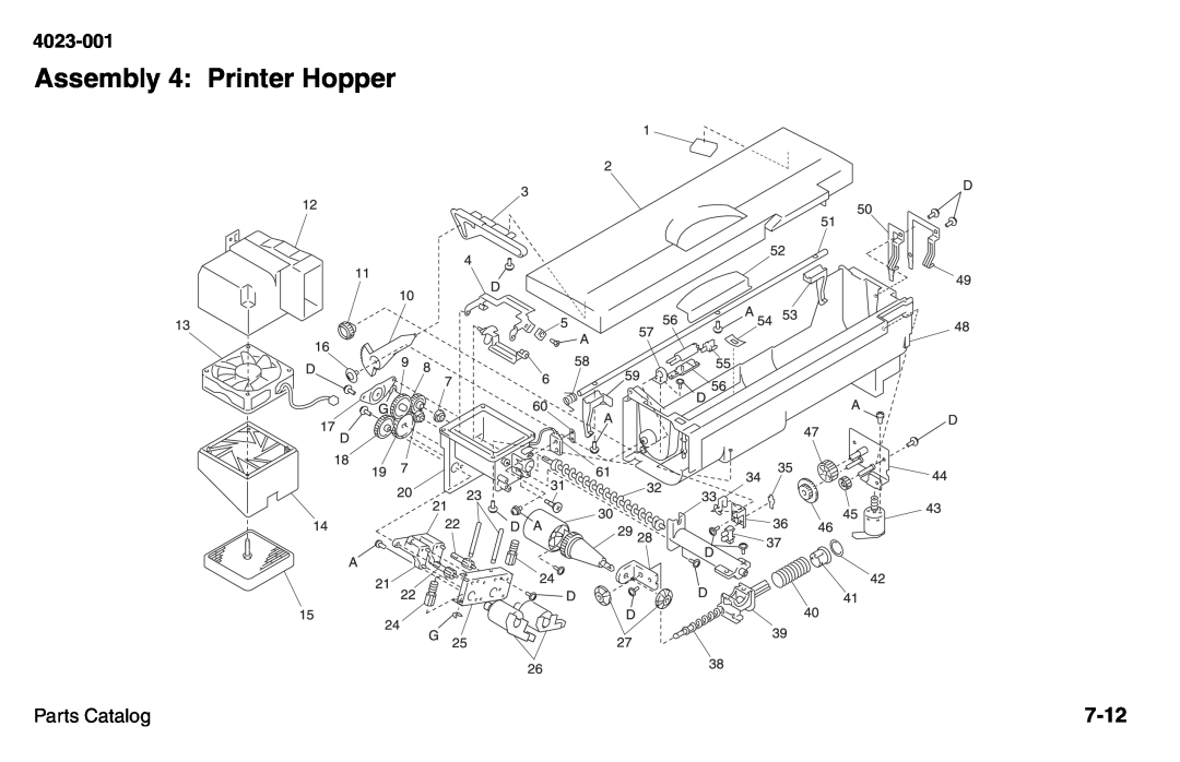 Lexmark W810 service manual Assembly 4: Printer Hopper, 7-12, 4023-001, Parts Catalog 