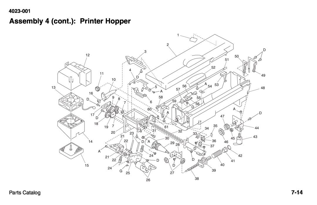 Lexmark W810 service manual Assembly 4 cont. Printer Hopper, 7-14, 4023-001, Parts Catalog 