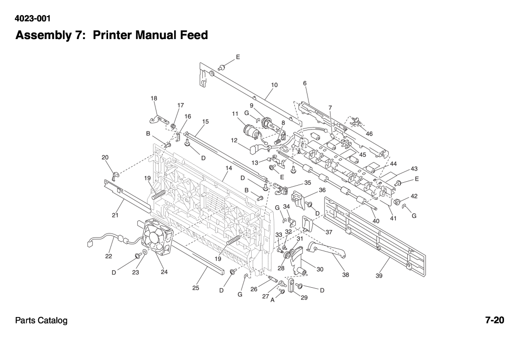 Lexmark W810 service manual Assembly 7: Printer Manual Feed, 7-20, 4023-001, Parts Catalog 