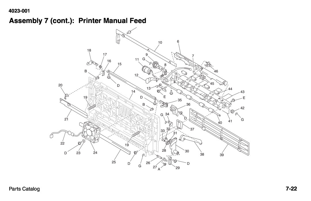 Lexmark W810 service manual Assembly 7 cont.: Printer Manual Feed, 7-22, 4023-001, Parts Catalog 