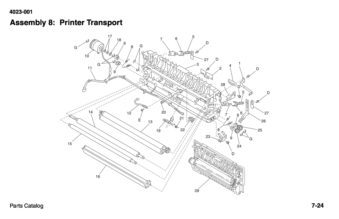 Lexmark W810 service manual Assembly 8: Printer Transport, 7-24, 4023-001, Parts Catalog 
