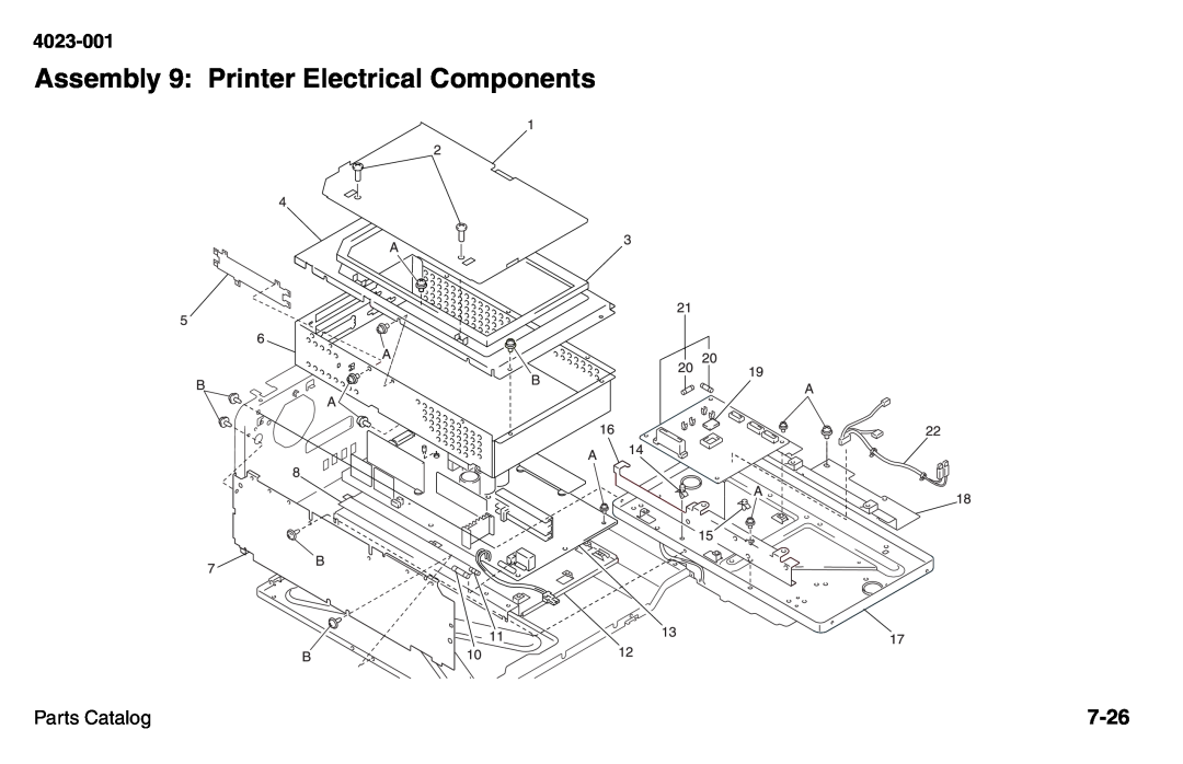 Lexmark W810 service manual Assembly 9: Printer Electrical Components, 7-26, 4023-001, Parts Catalog 