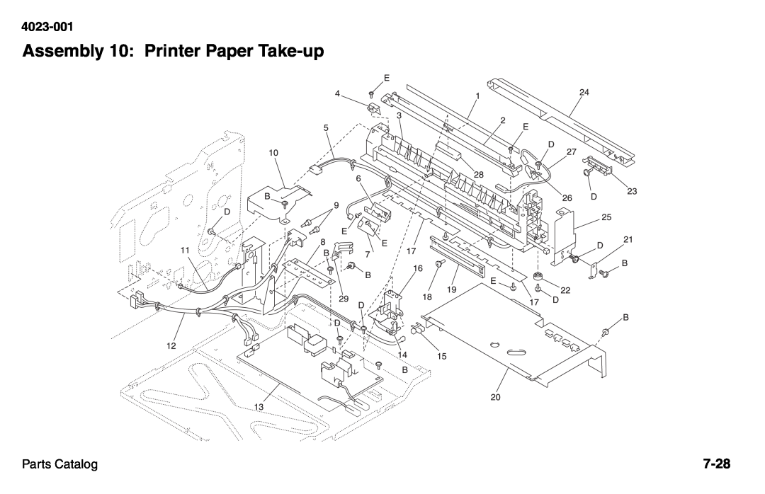 Lexmark W810 service manual Assembly 10: Printer Paper Take-up, 7-28, 4023-001, Parts Catalog 