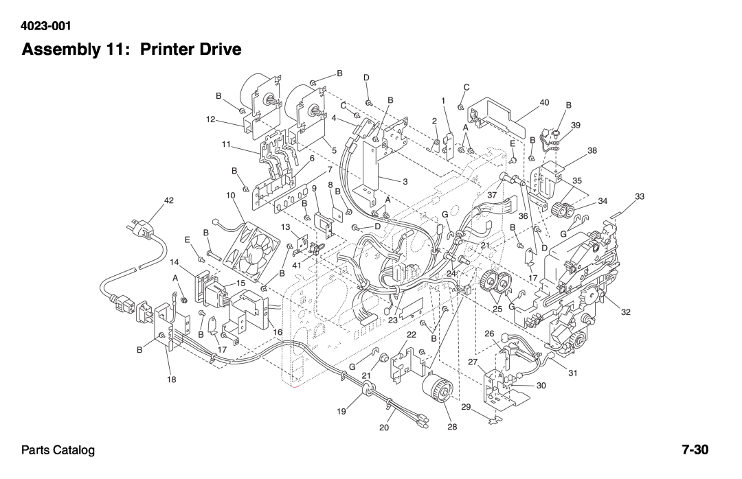 Lexmark W810 service manual Assembly 11: Printer Drive, 7-30, 4023-001, Parts Catalog 