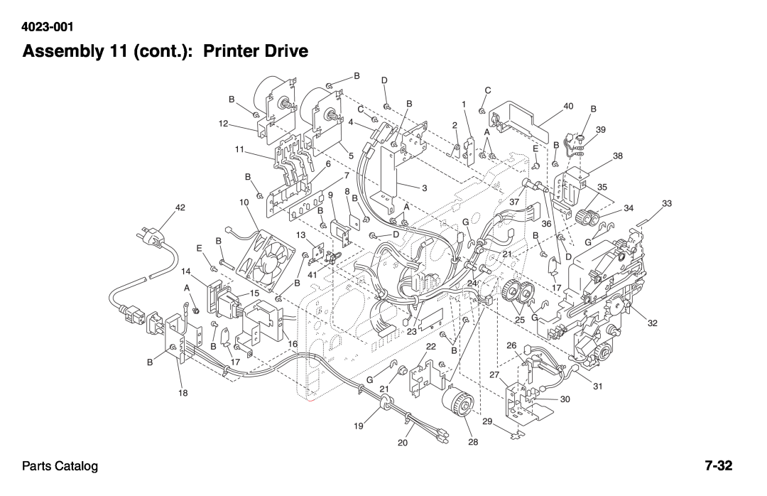 Lexmark W810 service manual Assembly 11 cont.: Printer Drive, 7-32, 4023-001, Parts Catalog 
