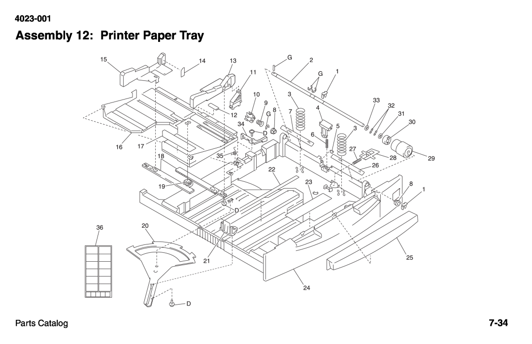 Lexmark W810 service manual Assembly 12: Printer Paper Tray, 7-34, 4023-001, Parts Catalog 