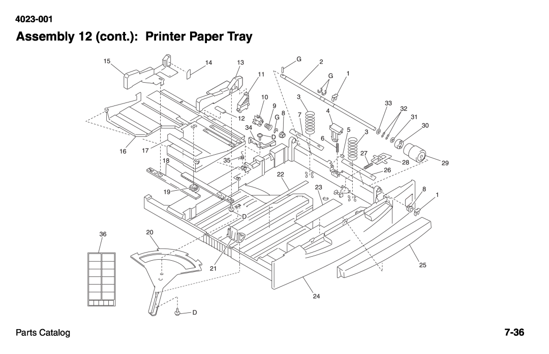 Lexmark W810 service manual Assembly 12 cont.: Printer Paper Tray, 7-36, 4023-001, Parts Catalog 