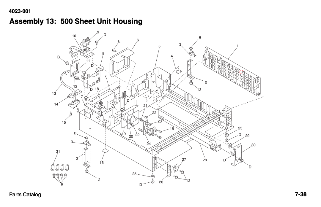Lexmark W810 service manual Assembly 13: 500 Sheet Unit Housing, 7-38, 4023-001, Parts Catalog 