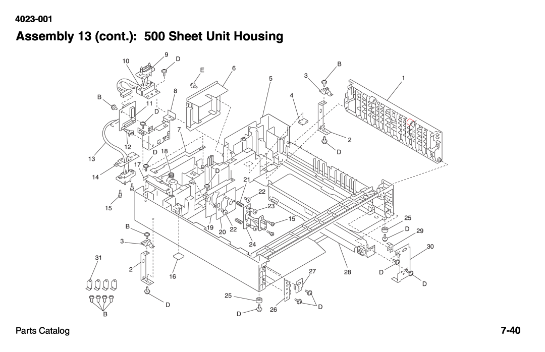 Lexmark W810 service manual Assembly 13 cont.: 500 Sheet Unit Housing, 7-40, 4023-001, Parts Catalog 