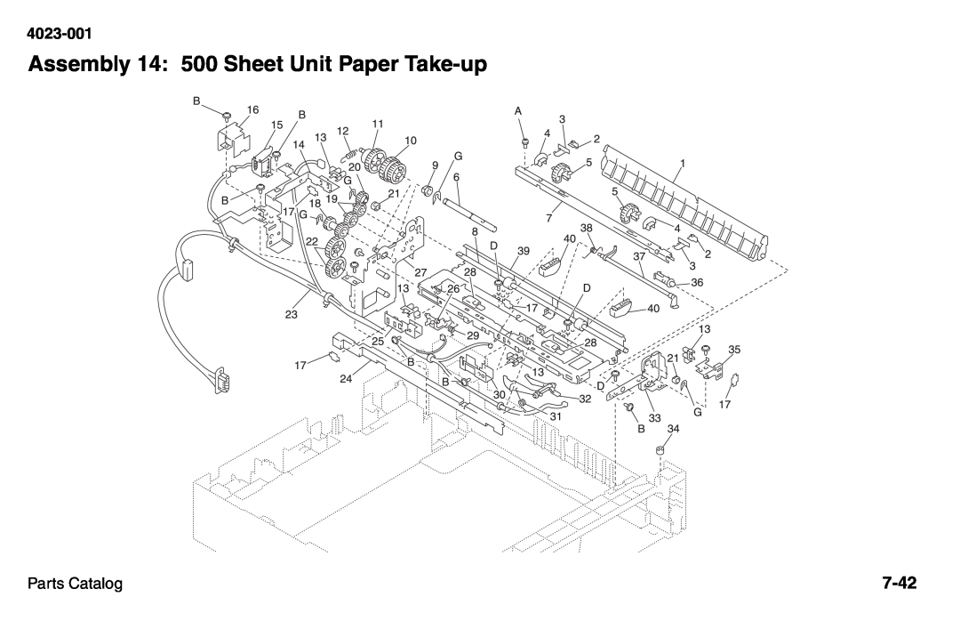 Lexmark W810 service manual Assembly 14: 500 Sheet Unit Paper Take-up, 7-42, 4023-001, Parts Catalog 