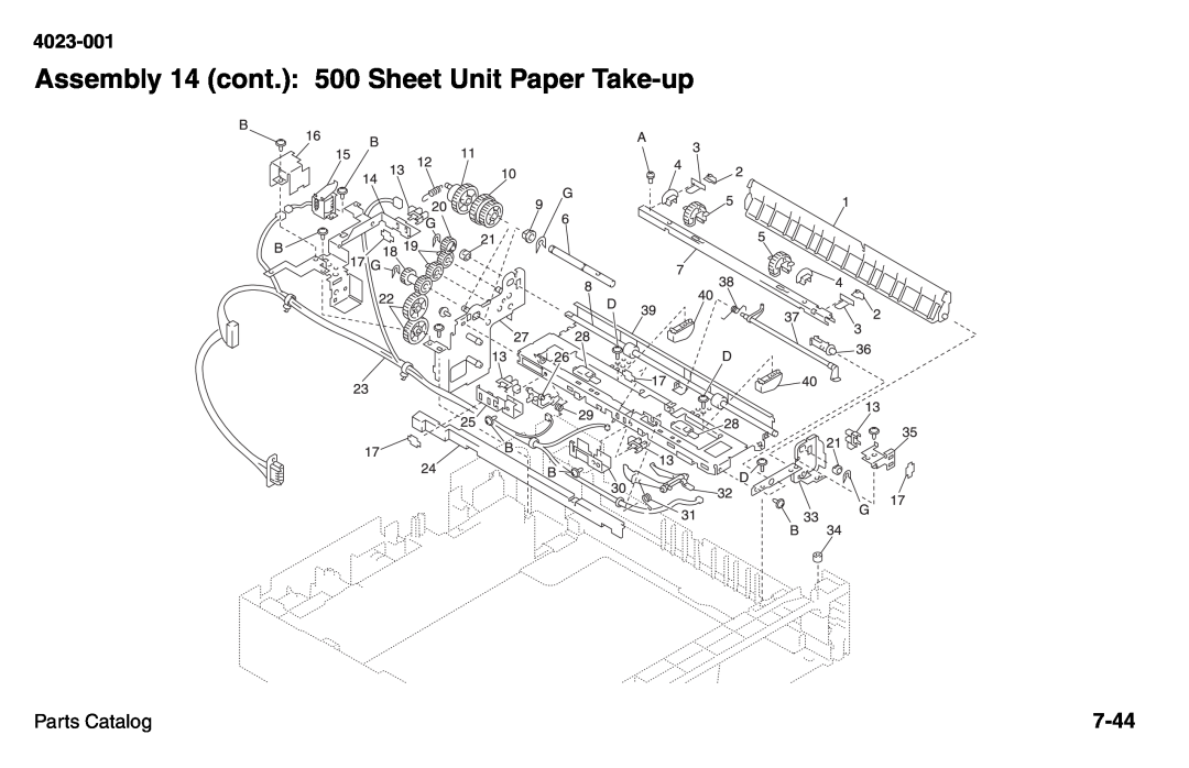 Lexmark W810 service manual Assembly 14 cont.: 500 Sheet Unit Paper Take-up, 7-44, 4023-001, Parts Catalog 