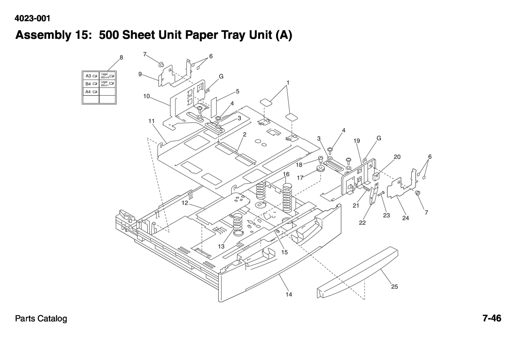 Lexmark W810 service manual Assembly 15: 500 Sheet Unit Paper Tray Unit A, 7-46, 4023-001, Parts Catalog 
