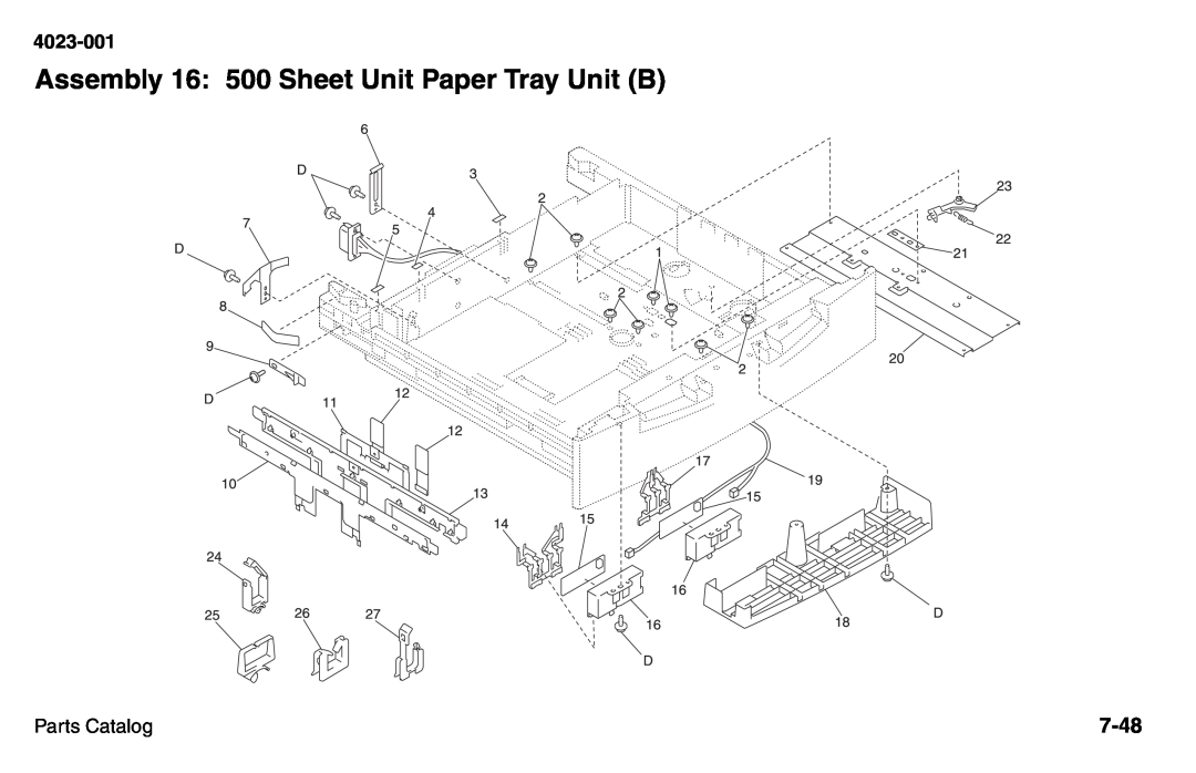 Lexmark W810 service manual Assembly 16 500 Sheet Unit Paper Tray Unit B, 7-48, 4023-001, Parts Catalog 