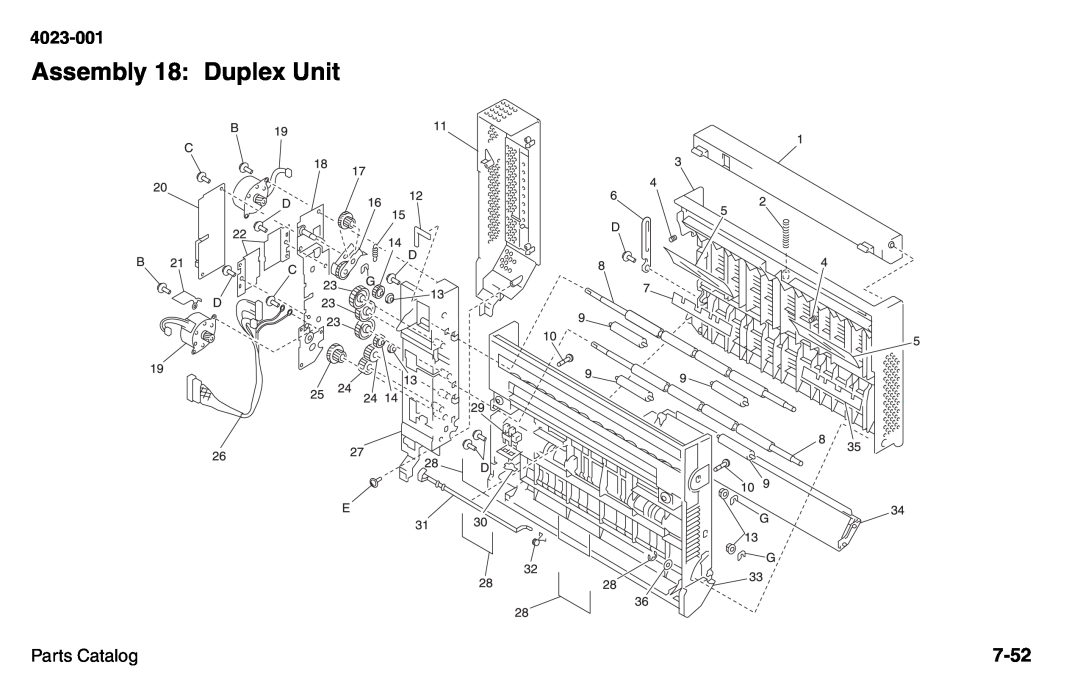 Lexmark W810 service manual Assembly 18 Duplex Unit, 7-52, 4023-001, Parts Catalog 