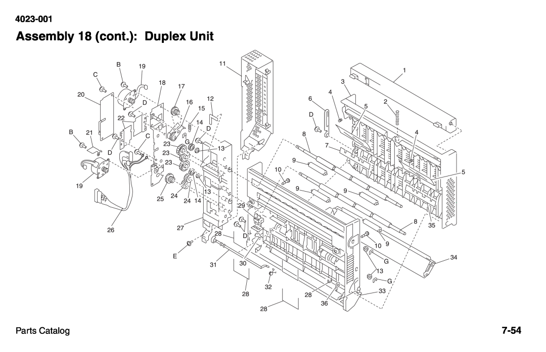 Lexmark W810 service manual Assembly 18 cont.: Duplex Unit, 7-54, 4023-001, Parts Catalog 