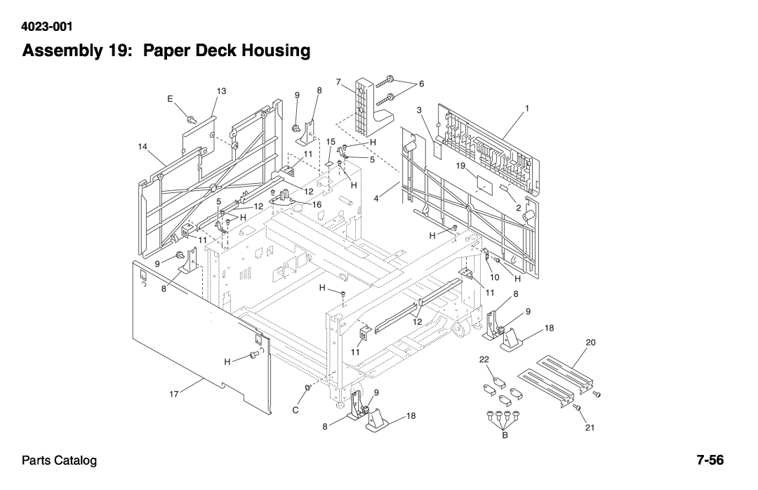 Lexmark W810 service manual Assembly 19: Paper Deck Housing, 7-56, 4023-001, Parts Catalog 