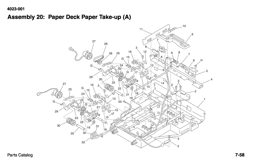 Lexmark W810 service manual Assembly 20: Paper Deck Paper Take-upA, 7-58, 4023-001, Parts Catalog 