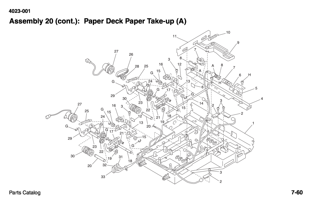 Lexmark W810 service manual Assembly 20 cont.: Paper Deck Paper Take-upA, 7-60, 4023-001, Parts Catalog 