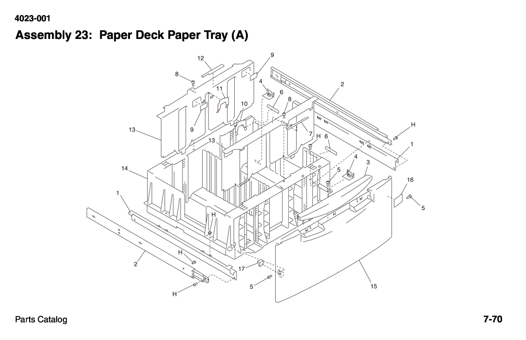 Lexmark W810 service manual Assembly 23: Paper Deck Paper Tray A, 7-70, 4023-001, Parts Catalog 