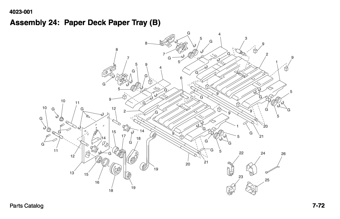 Lexmark W810 service manual Assembly 24: Paper Deck Paper Tray B, 7-72, 4023-001, Parts Catalog 