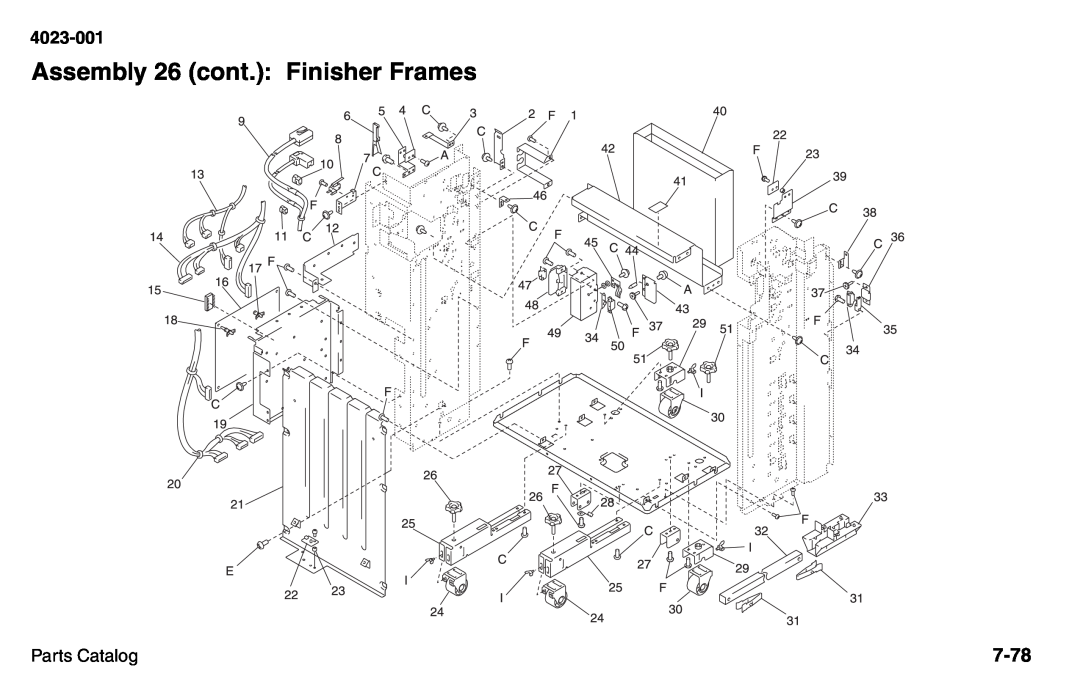 Lexmark W810 service manual Assembly 26 cont.: Finisher Frames, 7-78, 4023-001, Parts Catalog 