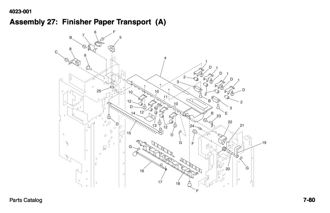 Lexmark W810 service manual Assembly 27: Finisher Paper Transport A, 7-80, 4023-001, Parts Catalog 