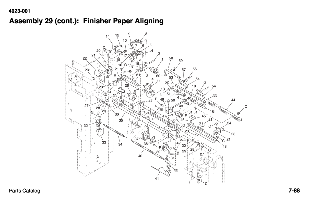 Lexmark W810 service manual Assembly 29 cont.: Finisher Paper Aligning, 7-88, 4023-001, Parts Catalog 