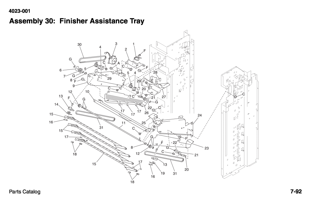 Lexmark W810 service manual Assembly 30: Finisher Assistance Tray, 7-92, 4023-001, Parts Catalog 
