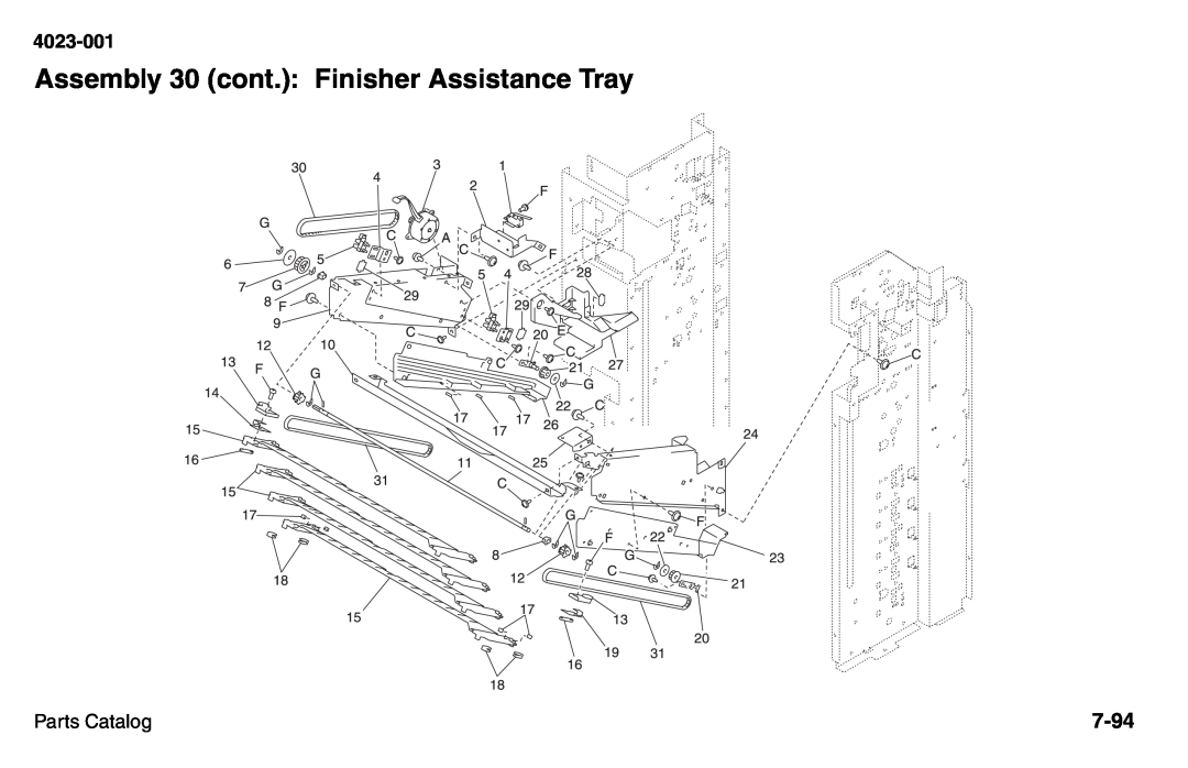 Lexmark W810 service manual Assembly 30 cont.: Finisher Assistance Tray, 7-94, 4023-001, Parts Catalog 