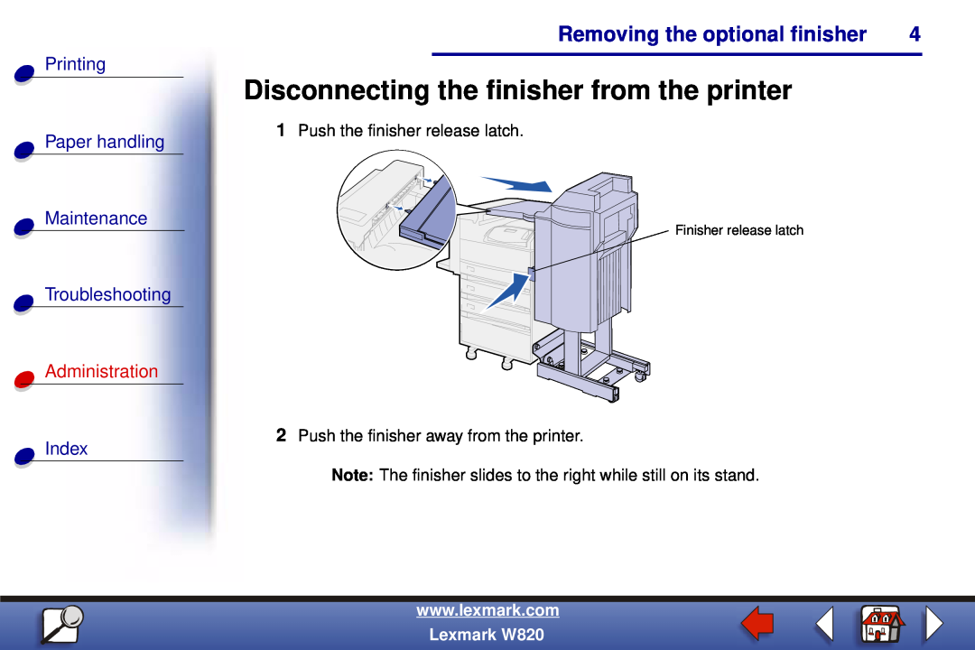 Lexmark W820 Disconnecting the finisher from the printer, Paper handling Maintenance, Troubleshooting, Printing, Index 