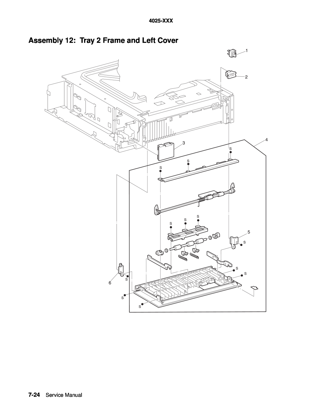 Lexmark W820 service manual Assembly 12 Tray 2 Frame and Left Cover, 4025-XXX, Service Manual 