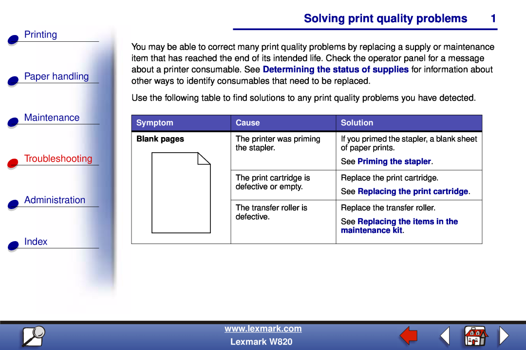 Lexmark W820 manual Solving print quality problems, Printing Paper handling Maintenance, Troubleshooting 