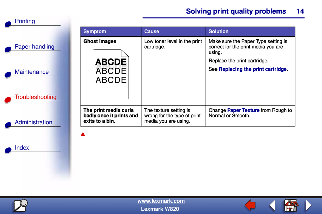 Lexmark W820 Solving print quality problems, Printing Paper handling Maintenance, Troubleshooting, Administration Index 
