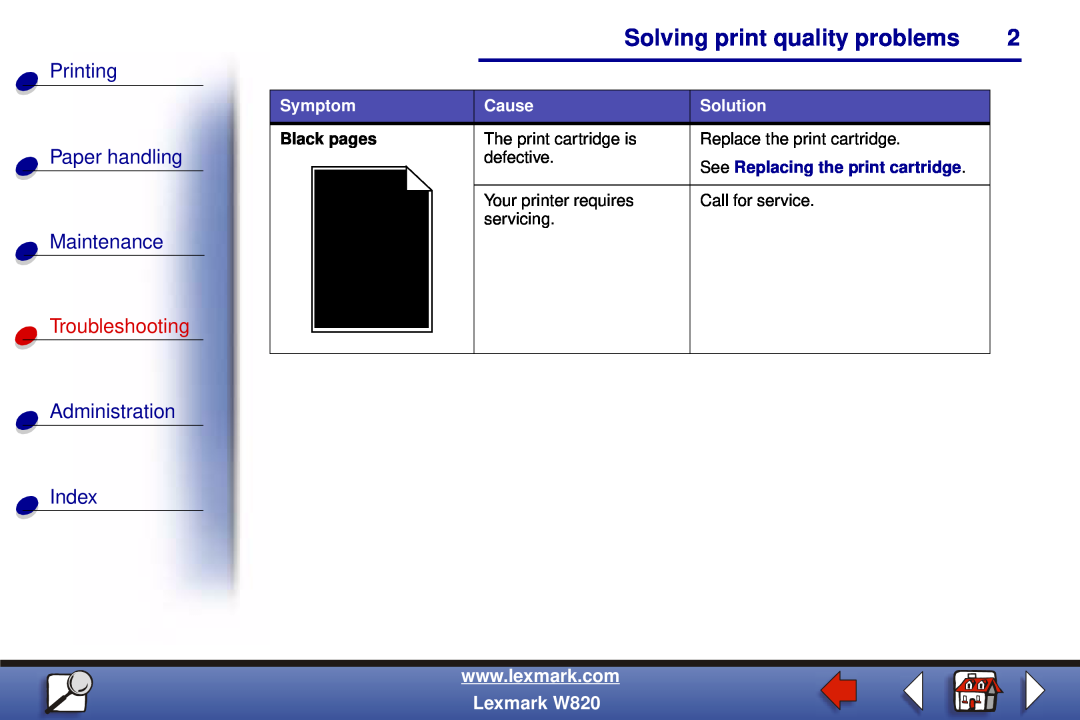 Lexmark W820 Solving print quality problems, Printing Paper handling Maintenance, Troubleshooting, Administration Index 