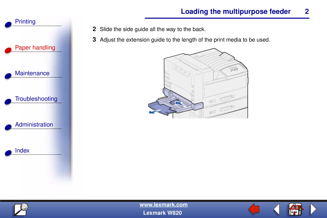 Lexmark W820 manual Loading the multipurpose feeder 