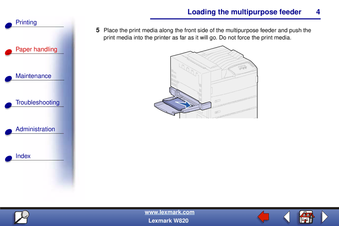 Lexmark W820 manual Loading the multipurpose feeder 