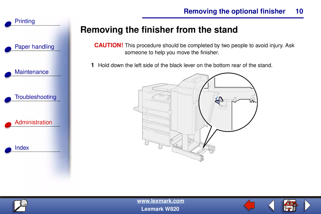 Lexmark W820 manual Removing the finisher from the stand 