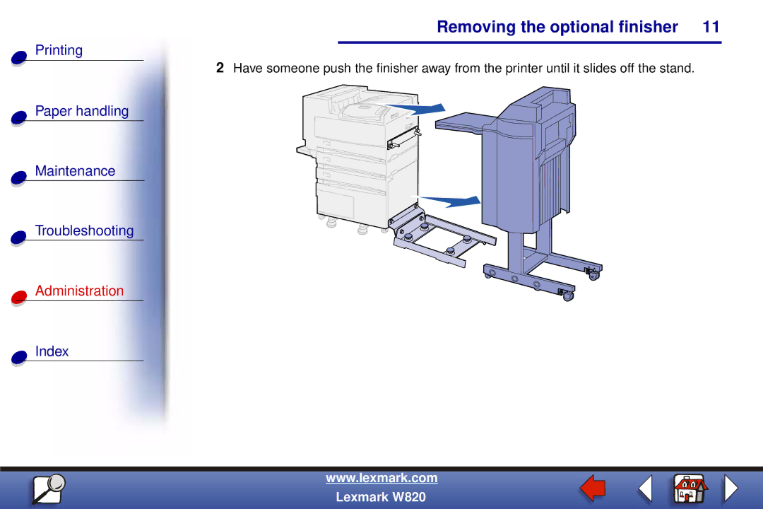 Lexmark W820 manual Removing the optional finisher 