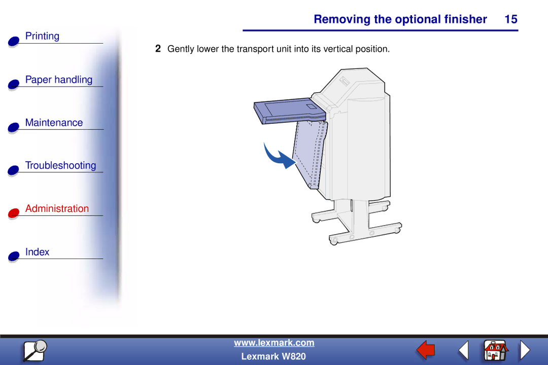 Lexmark W820 manual Gently lower the transport unit into its vertical position 