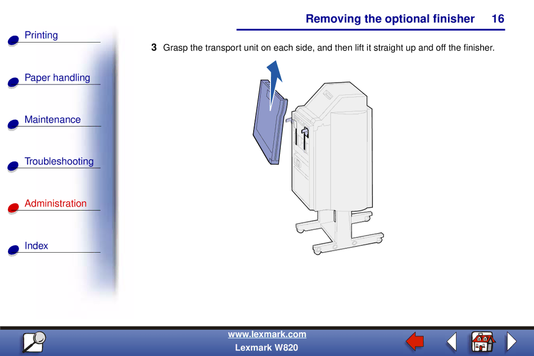 Lexmark W820 manual Removing the optional finisher 