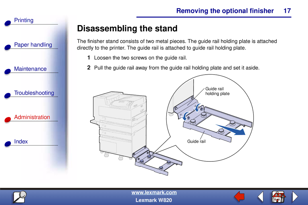 Lexmark W820 manual Disassembling the stand 