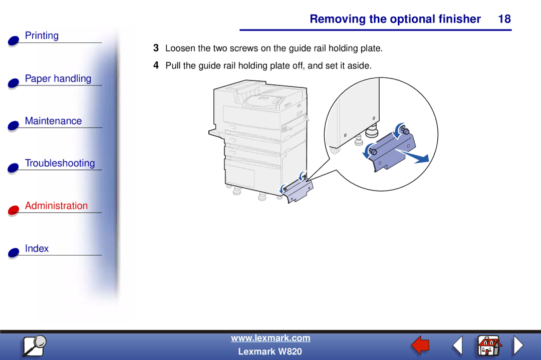 Lexmark W820 manual Removing the optional finisher 