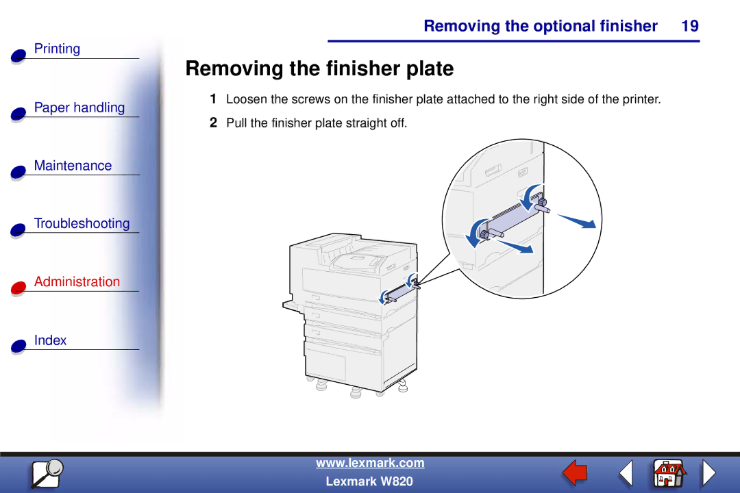 Lexmark W820 manual Removing the finisher plate 