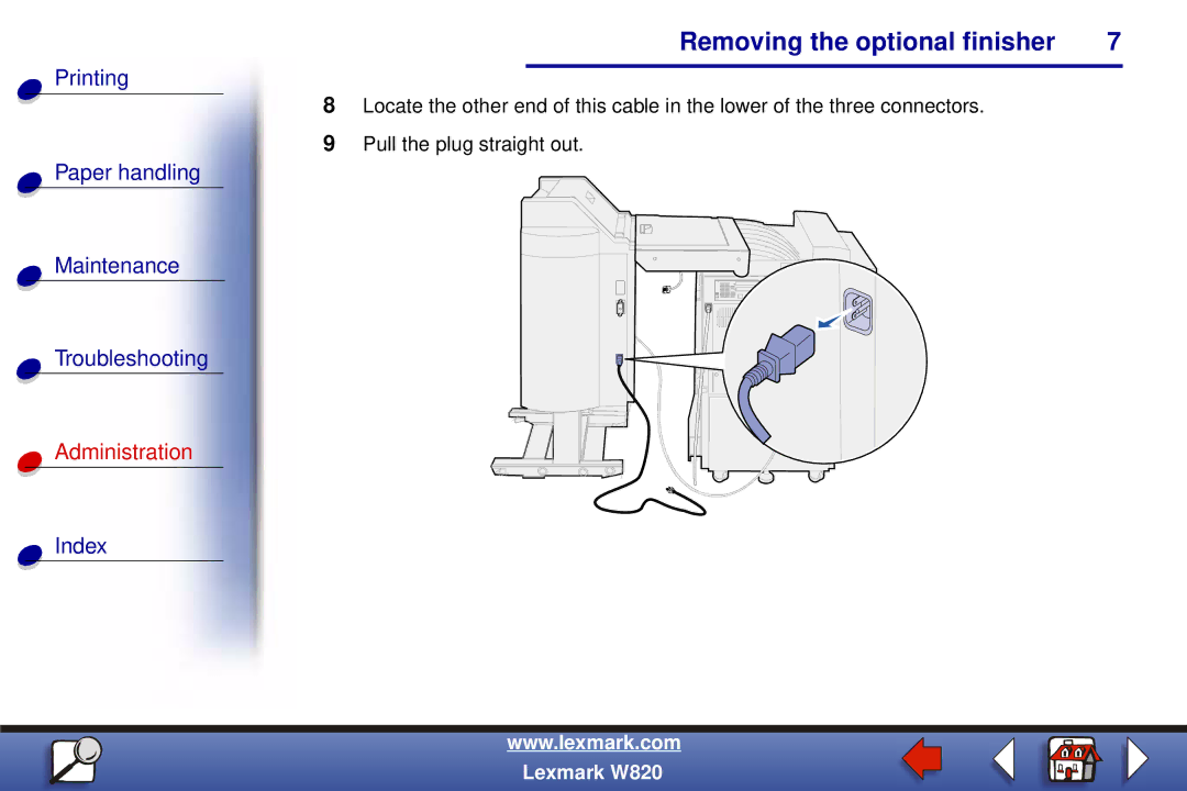 Lexmark W820 manual Removing the optional finisher 