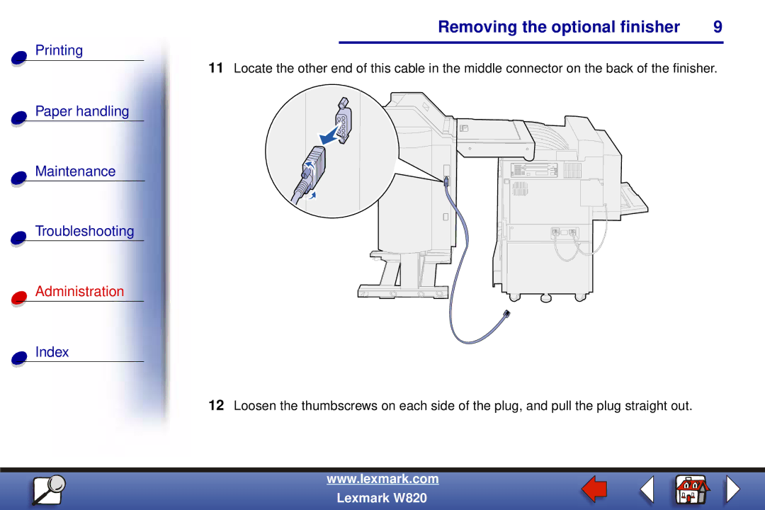 Lexmark W820 manual Removing the optional finisher 