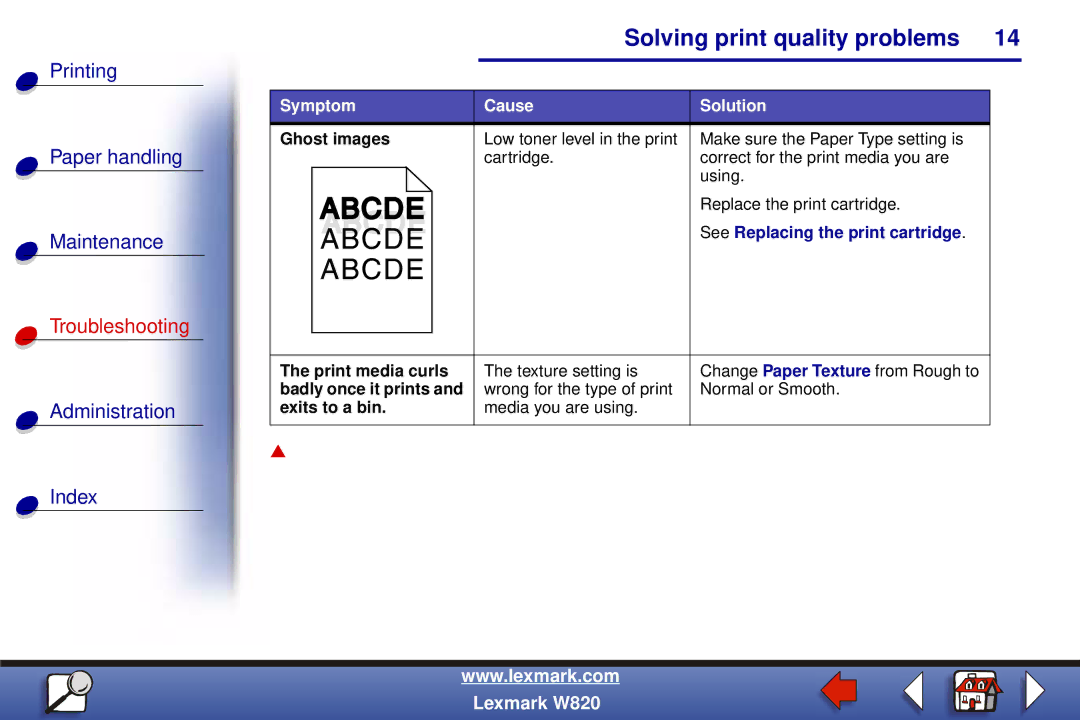 Lexmark W820 manual Ghost images, Print media curls, Badly once it prints, Exits to a bin 