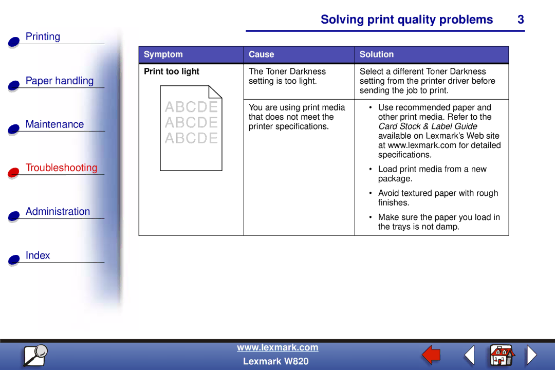 Lexmark W820 manual Print too light, Card Stock & Label Guide 